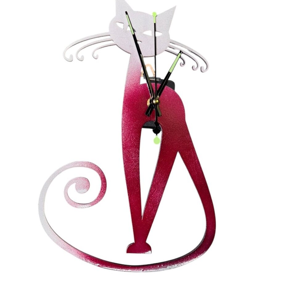 Modern Cat Wall Clock, Burgundy and Silver, Decorative Metal Cat Silhouette Desi